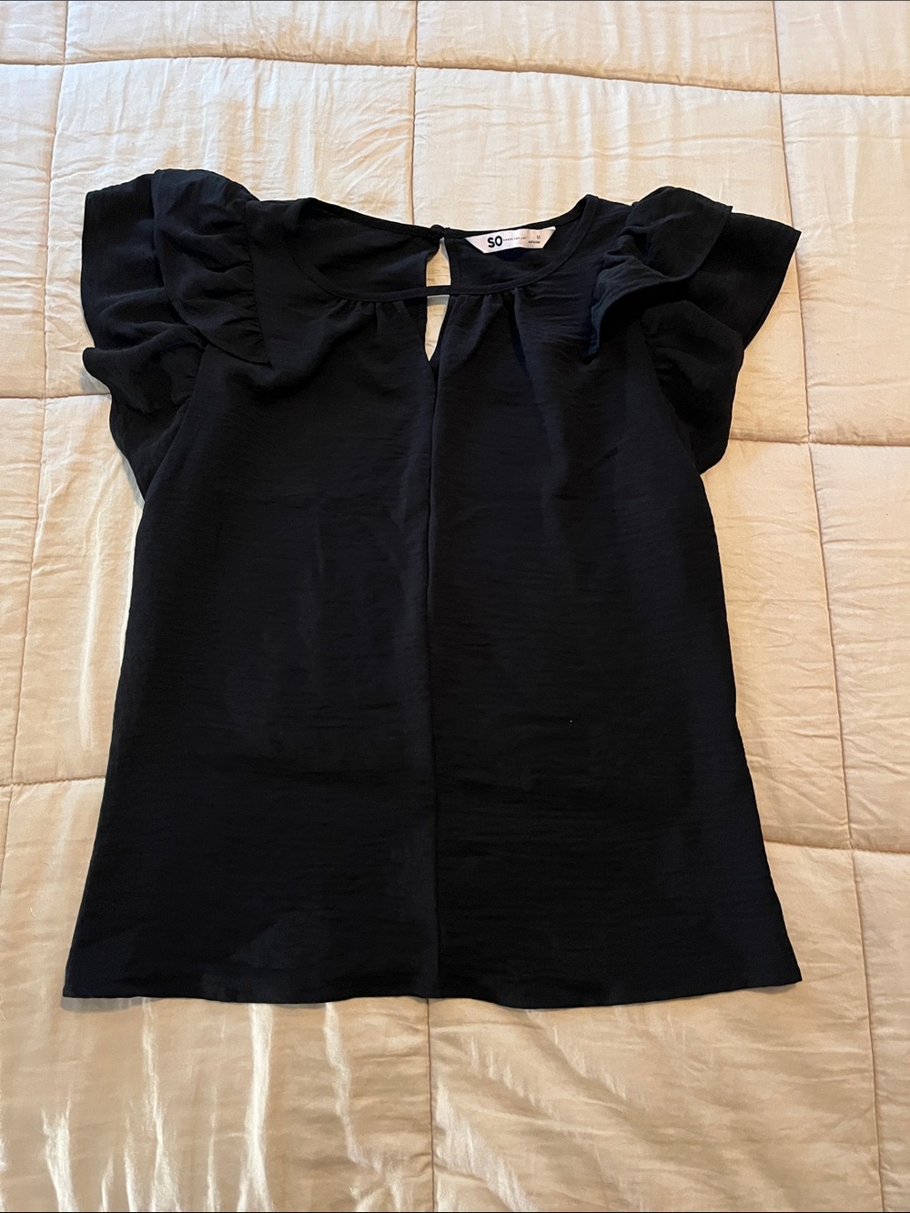 SO Black Flutter Sleeve Keyhole Blouse